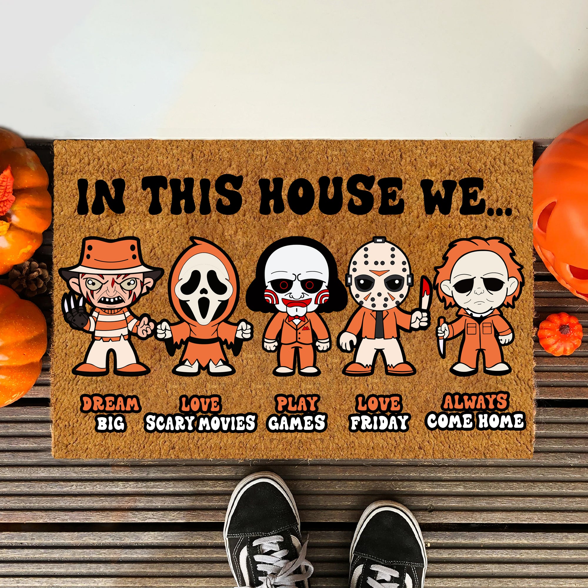 In This House We Horror Funny Halloween Doormat, Halloween Gifts, Halloween Decor