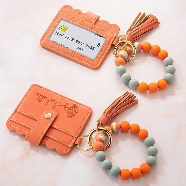 Personalized Birth Flower Keychain Wristlet Leather Wallet with Beaded Bracelet and Name Birthday Mother's Day Gift for Her