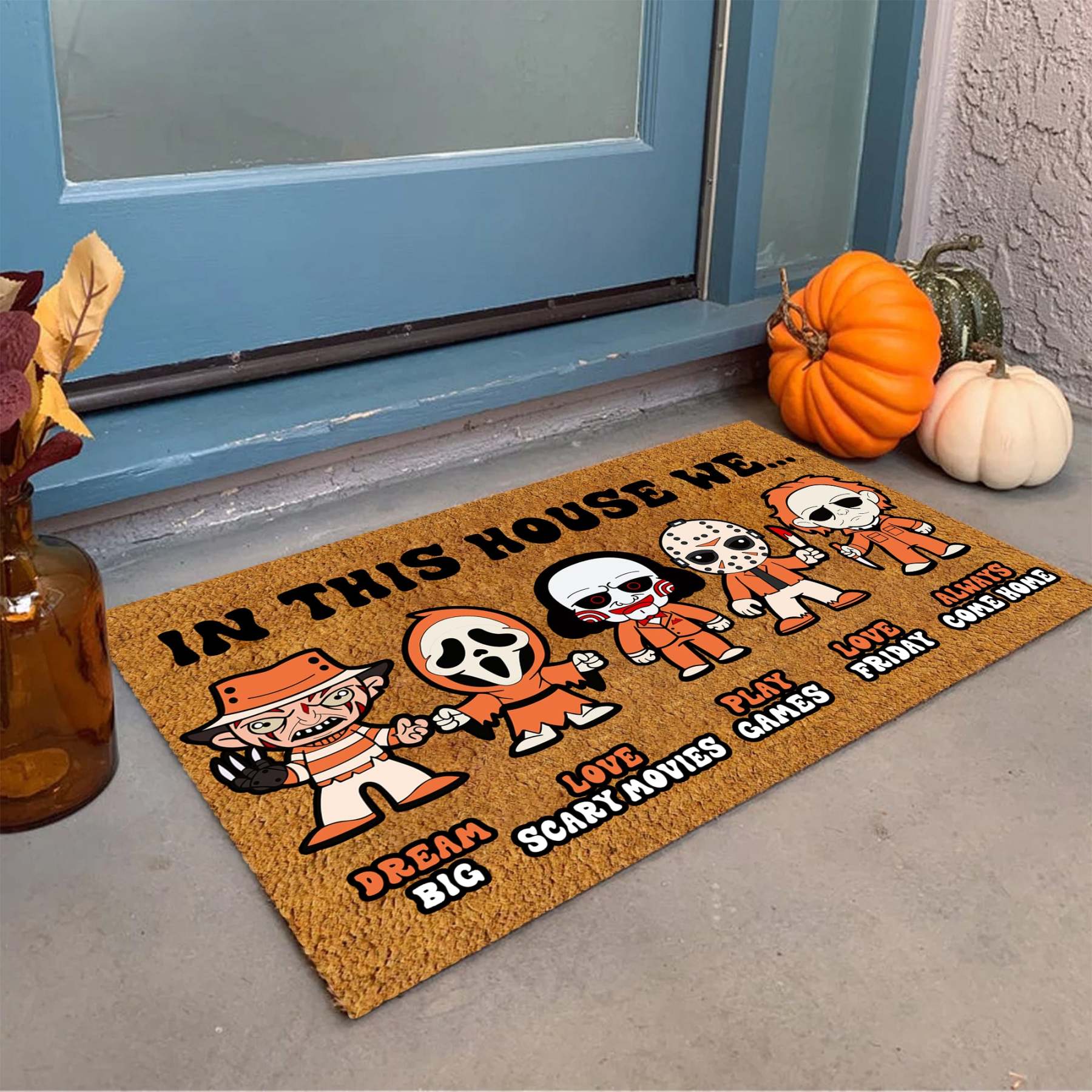 In This House We Horror Funny Halloween Doormat, Halloween Gifts, Halloween Decor