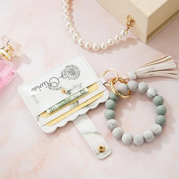 Personalized Birth Flower Keychain Wristlet Leather Wallet with Beaded Bracelet and Name Birthday Mother's Day Gift for Her