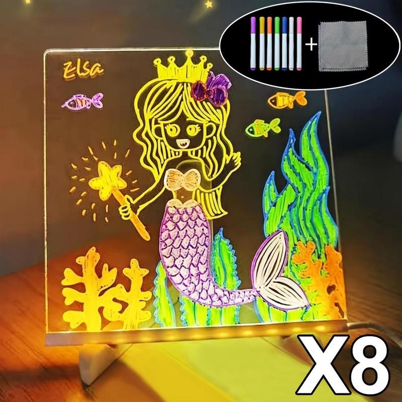 Rewritable Acrylic Message Board, 1/8 Counts USB Powered Illuminated Dry Erase Board with Stand & Markers & Rags, LED Display Board, School Supplies