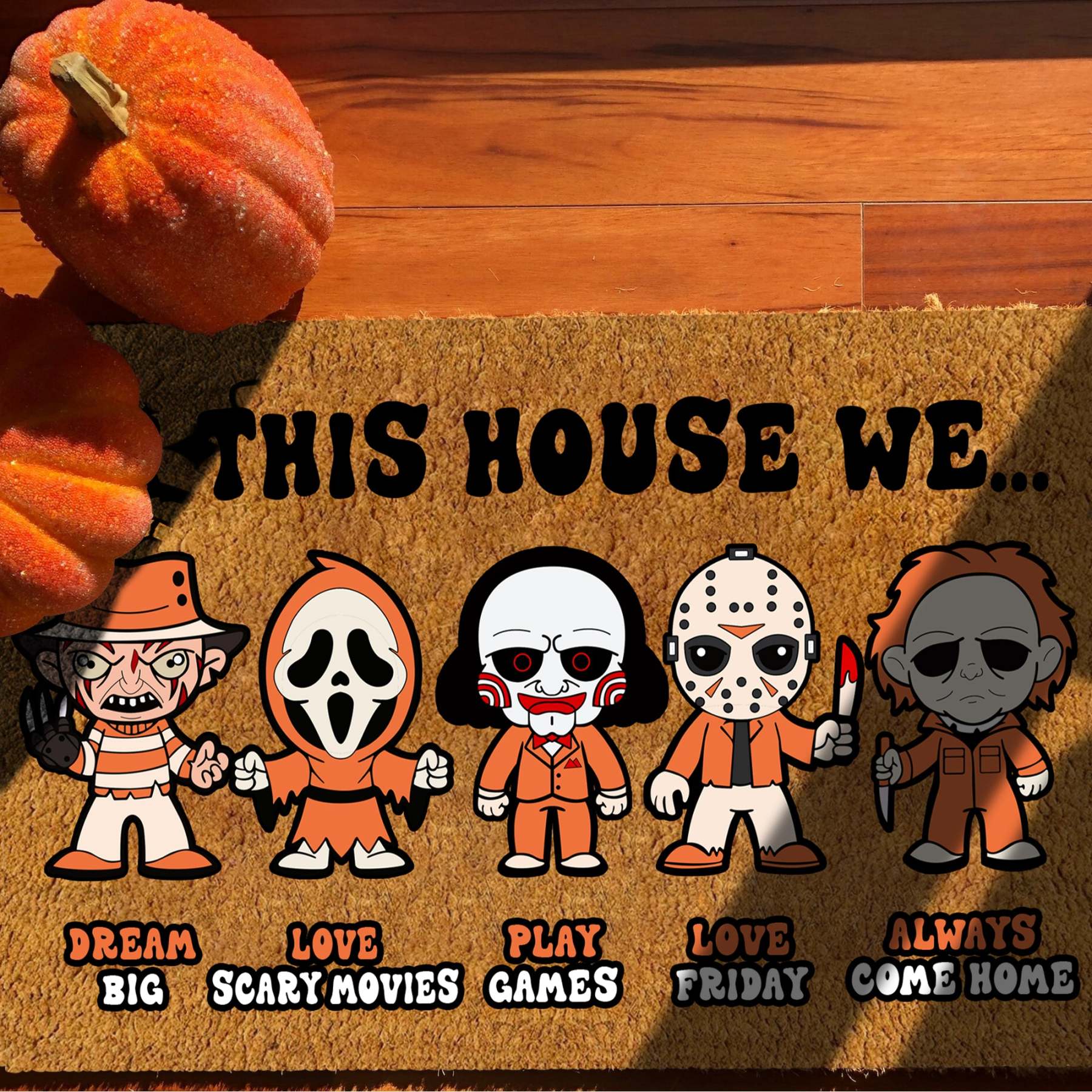 In This House We Horror Funny Halloween Doormat, Halloween Gifts, Halloween Decor