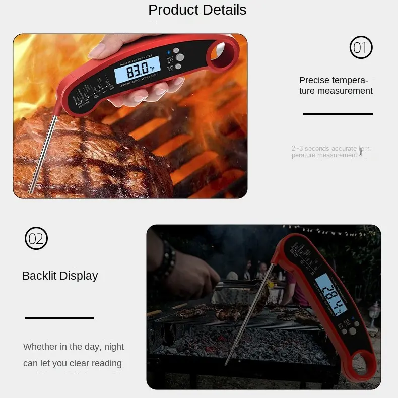 Digital Meat Thermometer Instant Read Waterproof Food Thermometer BBQ thermometer with Backlight Magnet Calibration Thermometer for Kitchen Outdoor Cooking BBQ Grill Candy (Red) (Red)