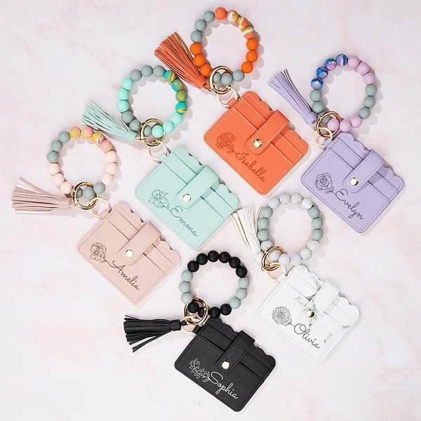 Personalized Birth Flower Keychain Wristlet Leather Wallet with Beaded Bracelet and Name Birthday Mother's Day Gift for Her