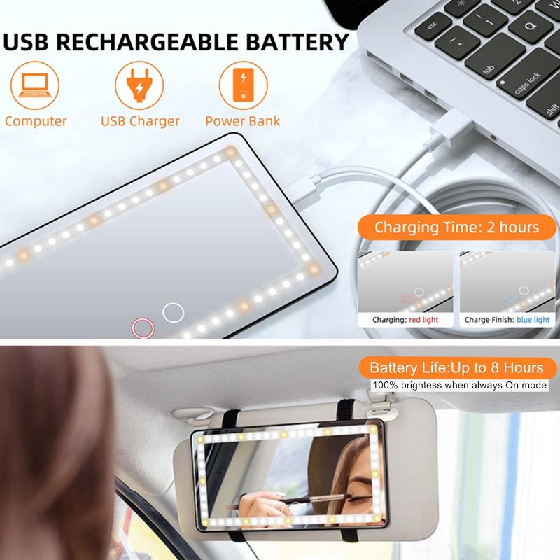 JOYTUTUS Car Sun Visor Vanity Mirror, USB Rechargeable Makeup Mirror with 3 LED Light, Car Accessories, Car Supplies