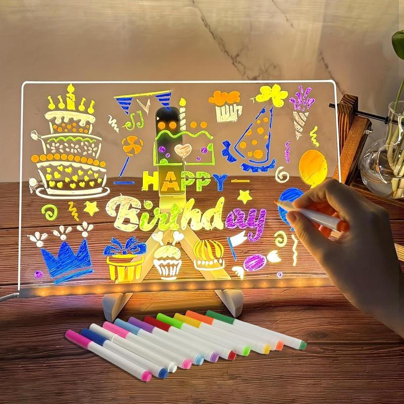Rewritable Acrylic Message Board, 1/8 Counts USB Powered Illuminated Dry Erase Board with Stand & Markers & Rags, LED Display Board, School Supplies