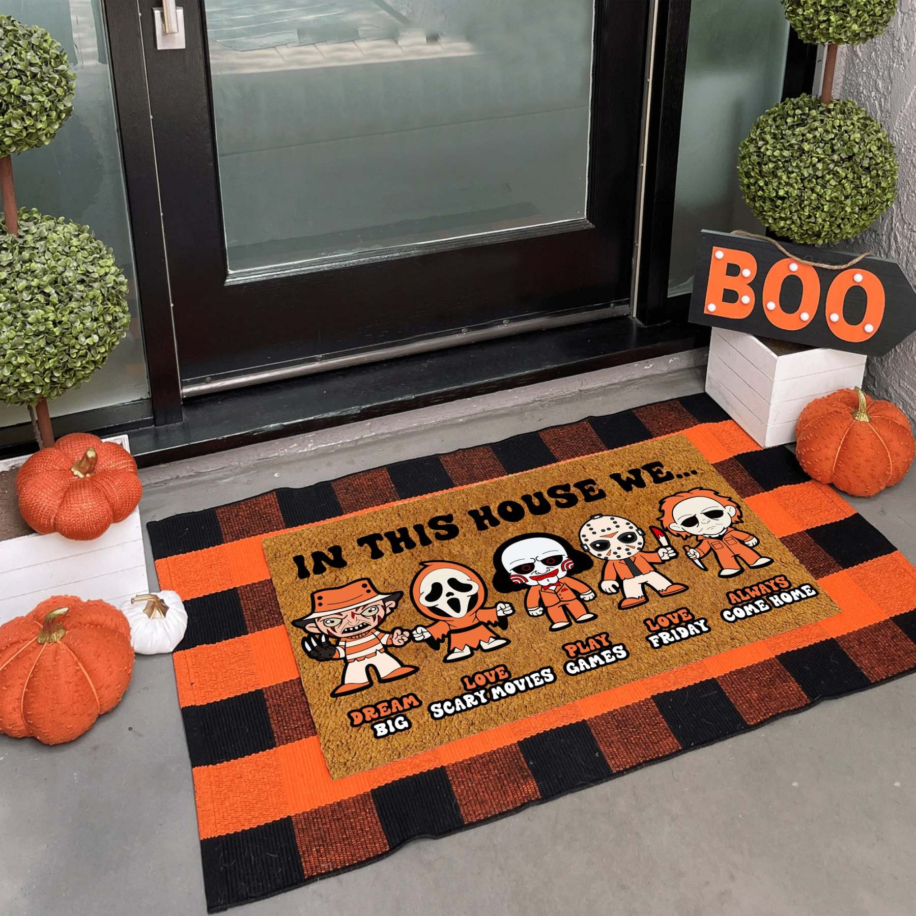 In This House We Horror Funny Halloween Doormat, Halloween Gifts, Halloween Decor