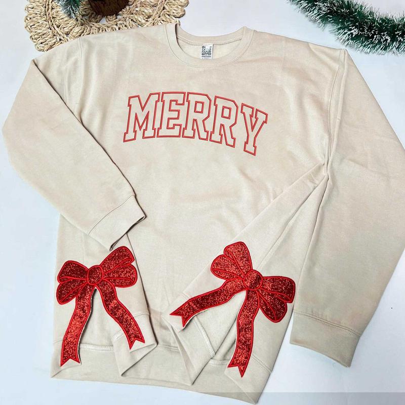 Merry Side Bow Embroidered Sweatshirt