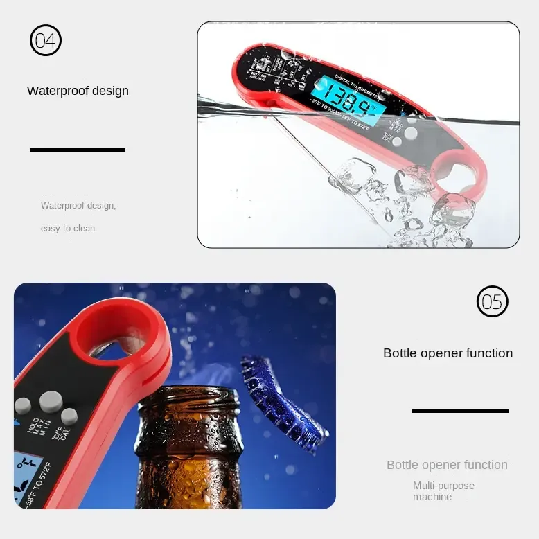 Digital Meat Thermometer Instant Read Waterproof Food Thermometer BBQ thermometer with Backlight Magnet Calibration Thermometer for Kitchen Outdoor Cooking BBQ Grill Candy (Red) (Red)