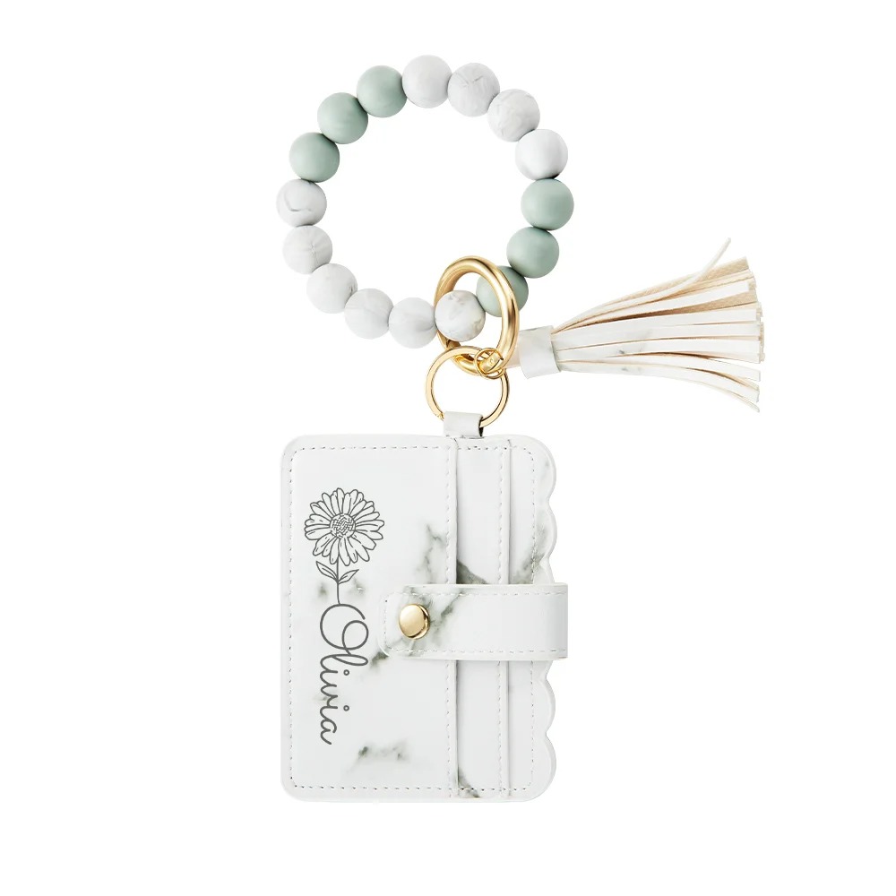 Personalized Birth Flower Keychain Wristlet Leather Wallet with Beaded
