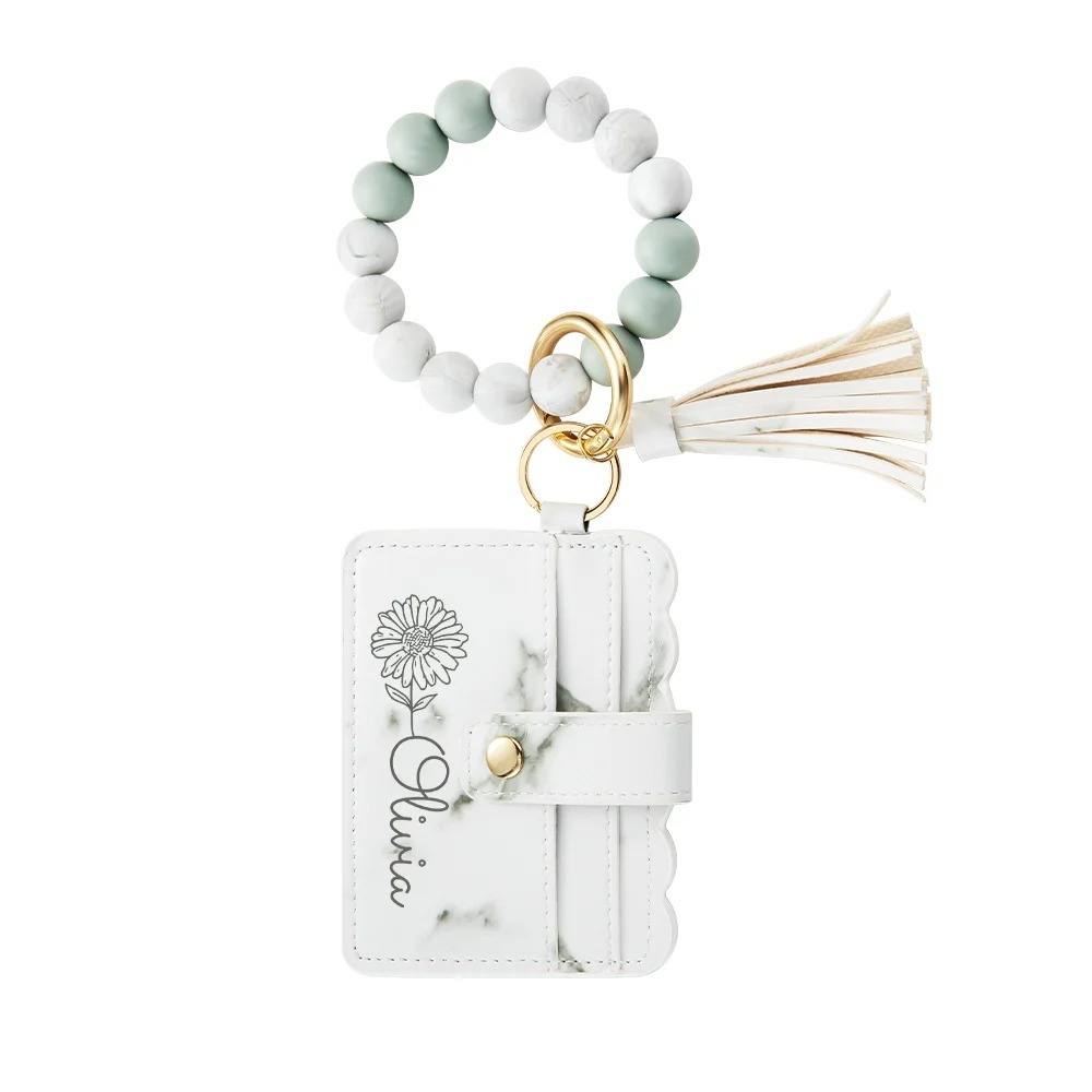 Personalized Birth Flower Keychain Wristlet Leather Wallet with Beaded