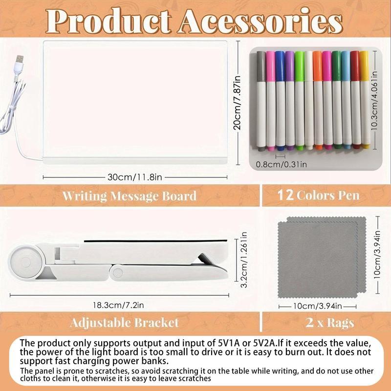 Rewritable Acrylic Message Board, 1/8 Counts USB Powered Illuminated Dry Erase Board with Stand & Markers & Rags, LED Display Board, School Supplies