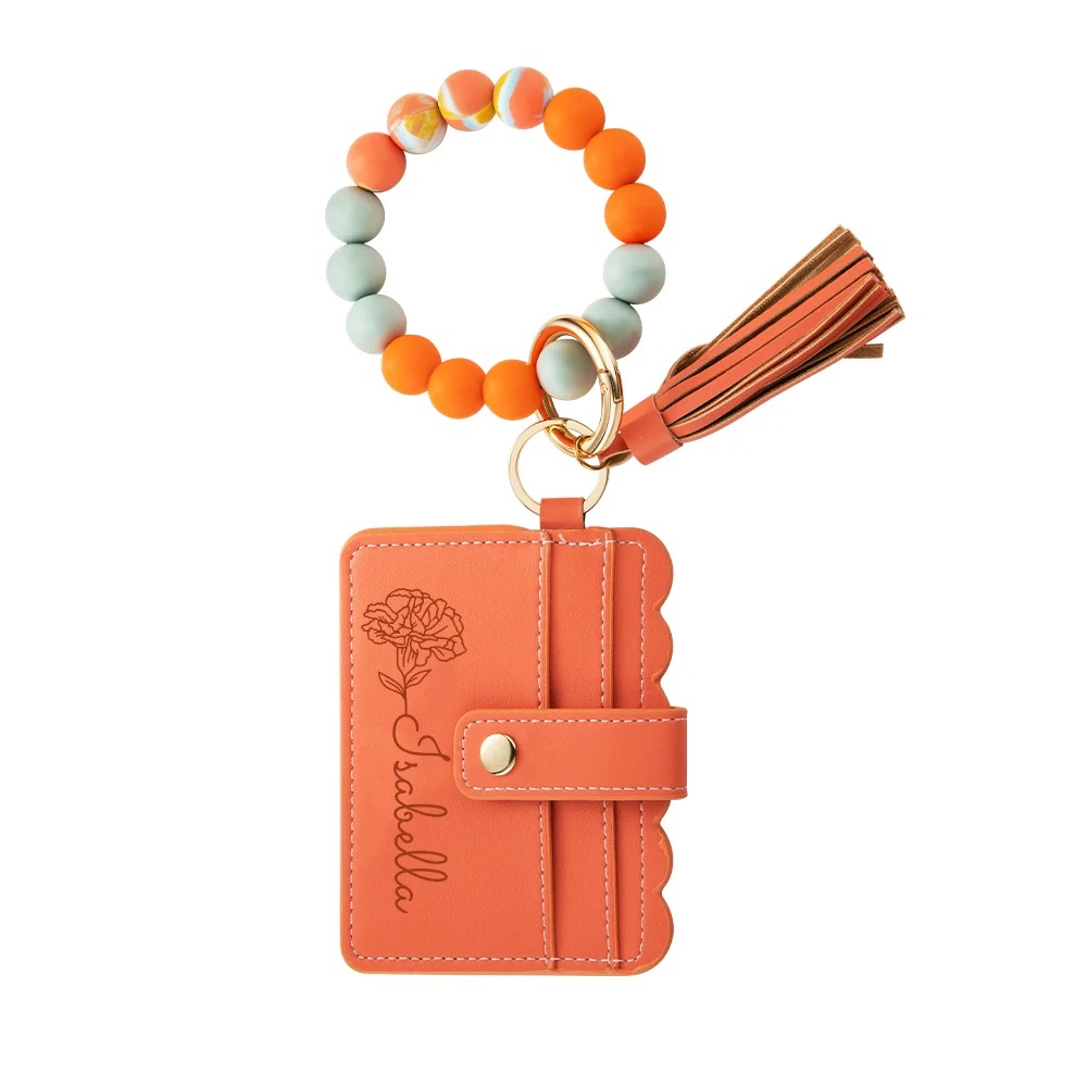Personalized Birth Flower Keychain Wristlet Leather Wallet with Beaded