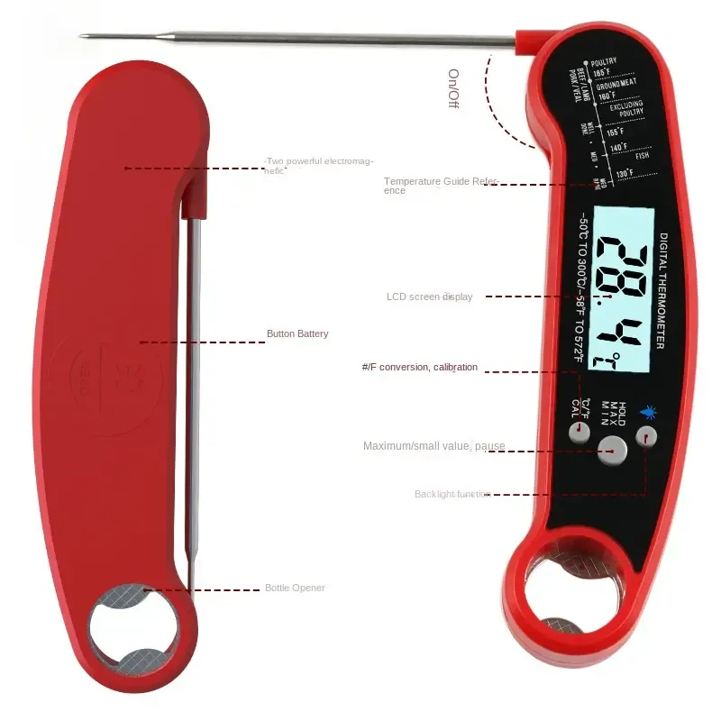 Digital Meat Thermometer Instant Read Waterproof Food Thermometer BBQ thermometer with Backlight Magnet Calibration Thermometer for Kitchen Outdoor Cooking BBQ Grill Candy (Red) (Red)