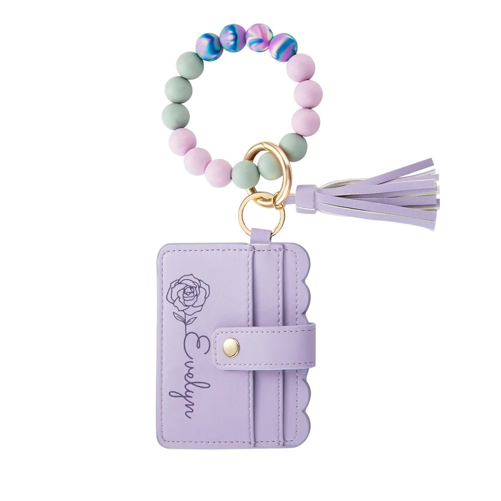 Personalized Birth Flower Keychain Wristlet Leather Wallet with Beaded Bracelet and Name Birthday Mother's Day Gift for Her