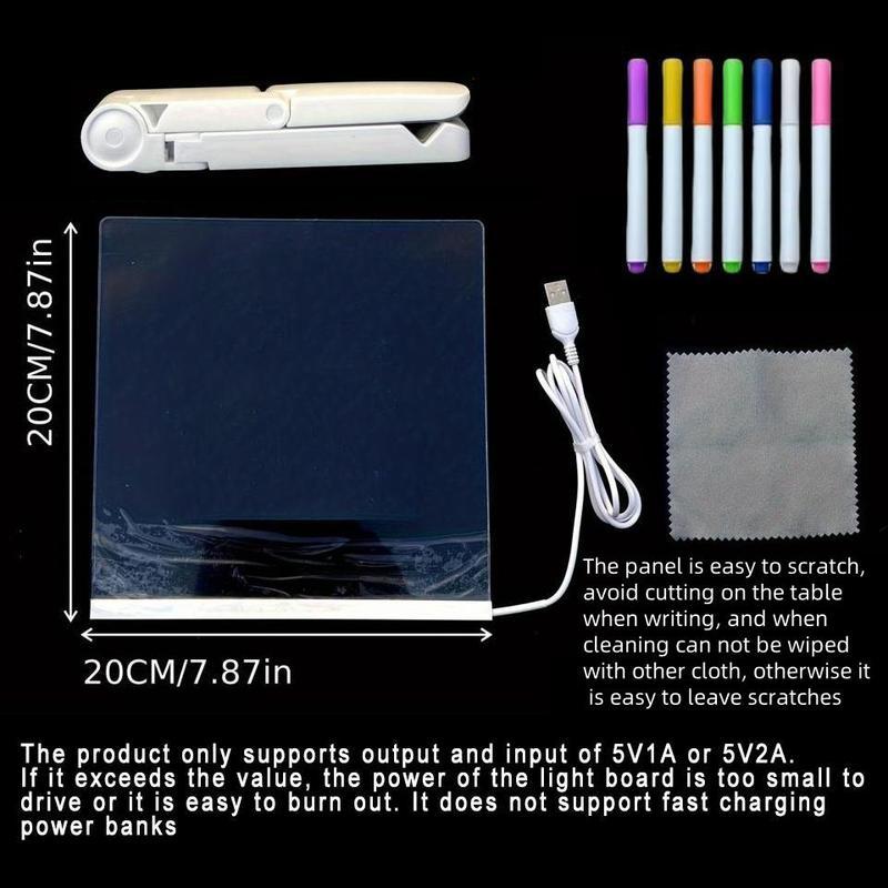 Rewritable Acrylic Message Board, 1/8 Counts USB Powered Illuminated Dry Erase Board with Stand & Markers & Rags, LED Display Board, School Supplies