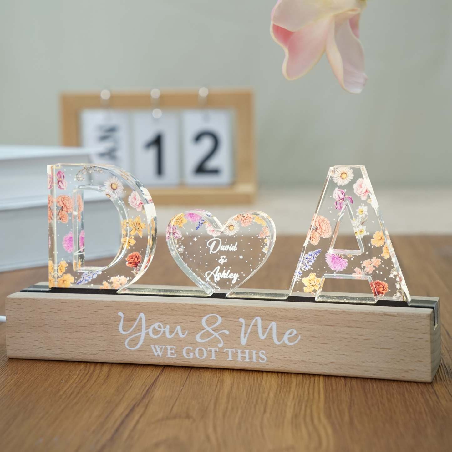 Couple Initials Floral Theme Anniversary Gift Personalized Acrylic Block LED Night Light, Heartfelt 2025 Valentine's Day Gift, Anniversary Gift For Girlfriend, For Wife