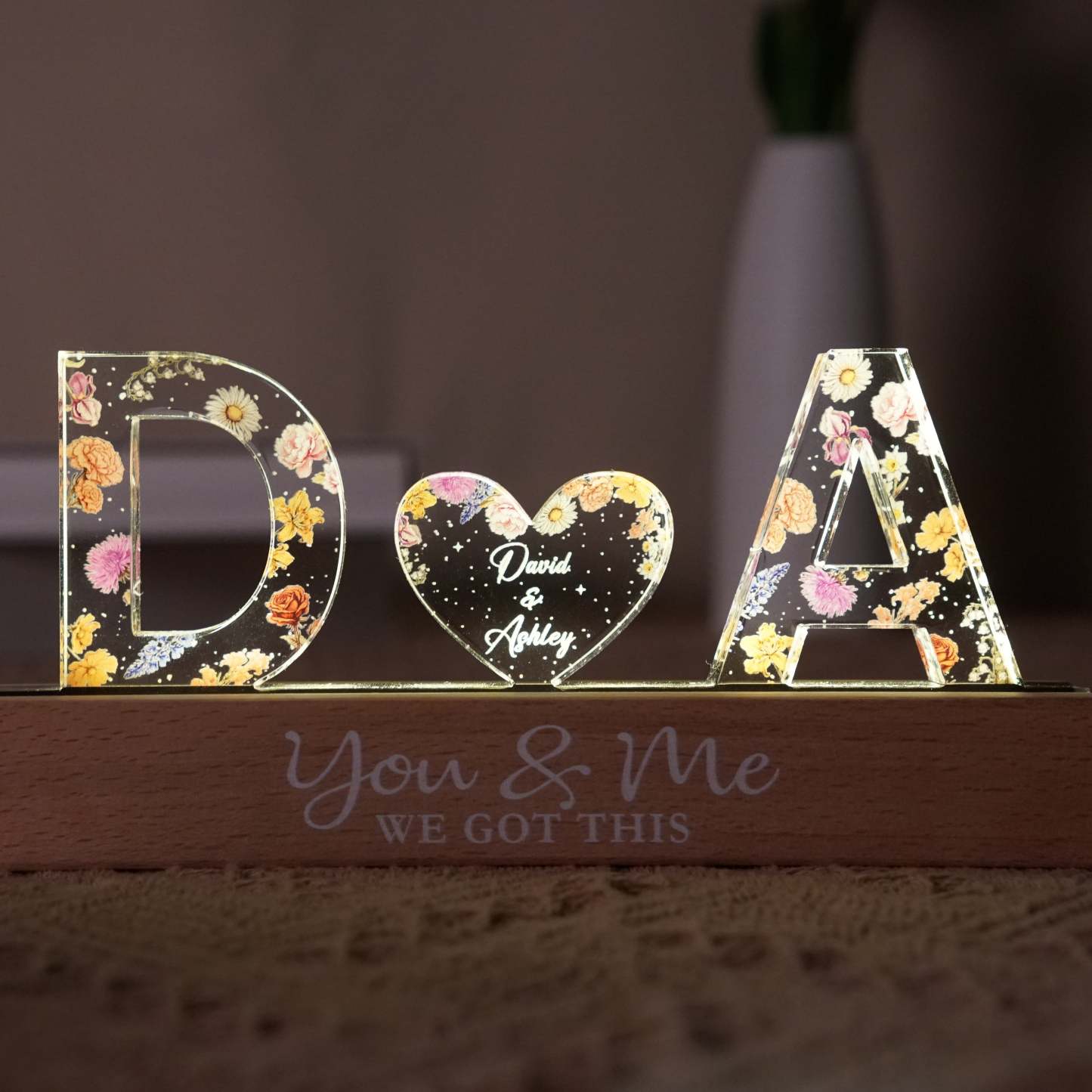 Couple Initials Floral Theme Anniversary Gift Personalized Acrylic Block LED Night Light, Heartfelt 2025 Valentine's Day Gift, Anniversary Gift For Girlfriend, For Wife