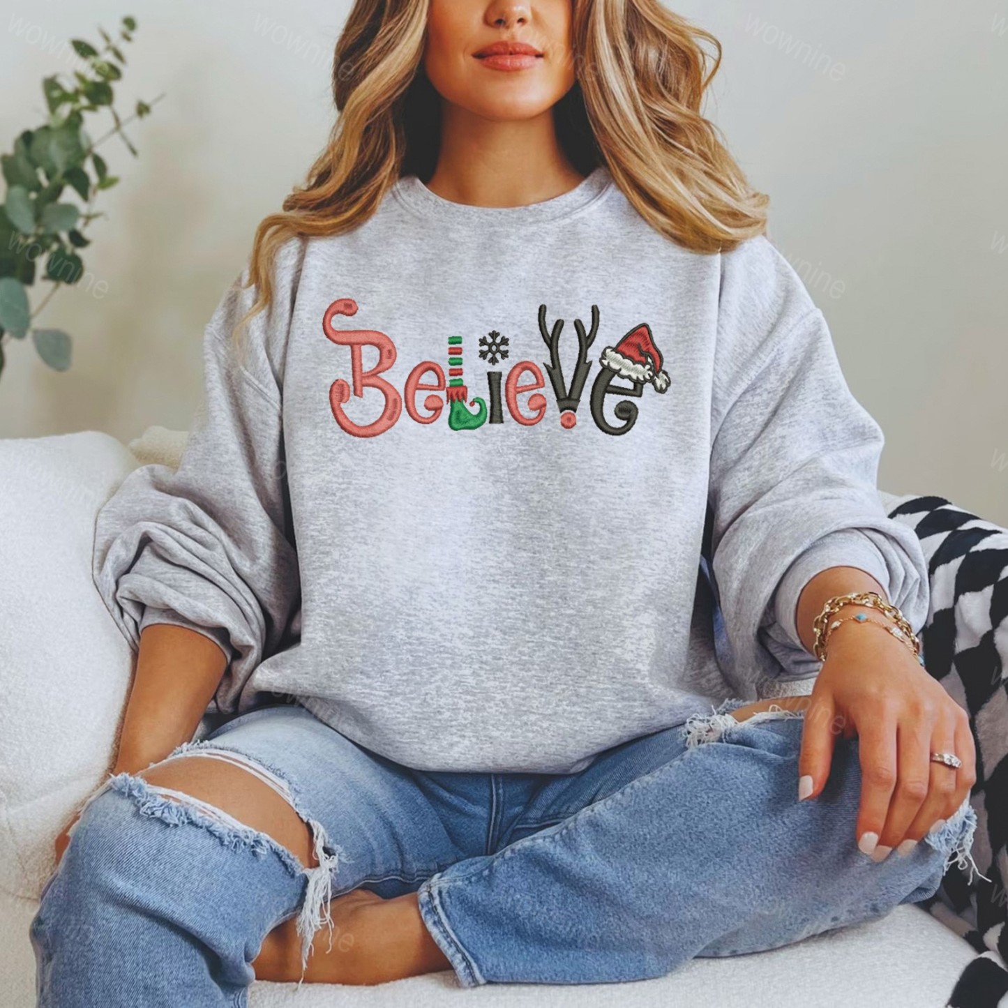 Christmas Embroidered Believe Santa Crewneck  Sweatshirt 