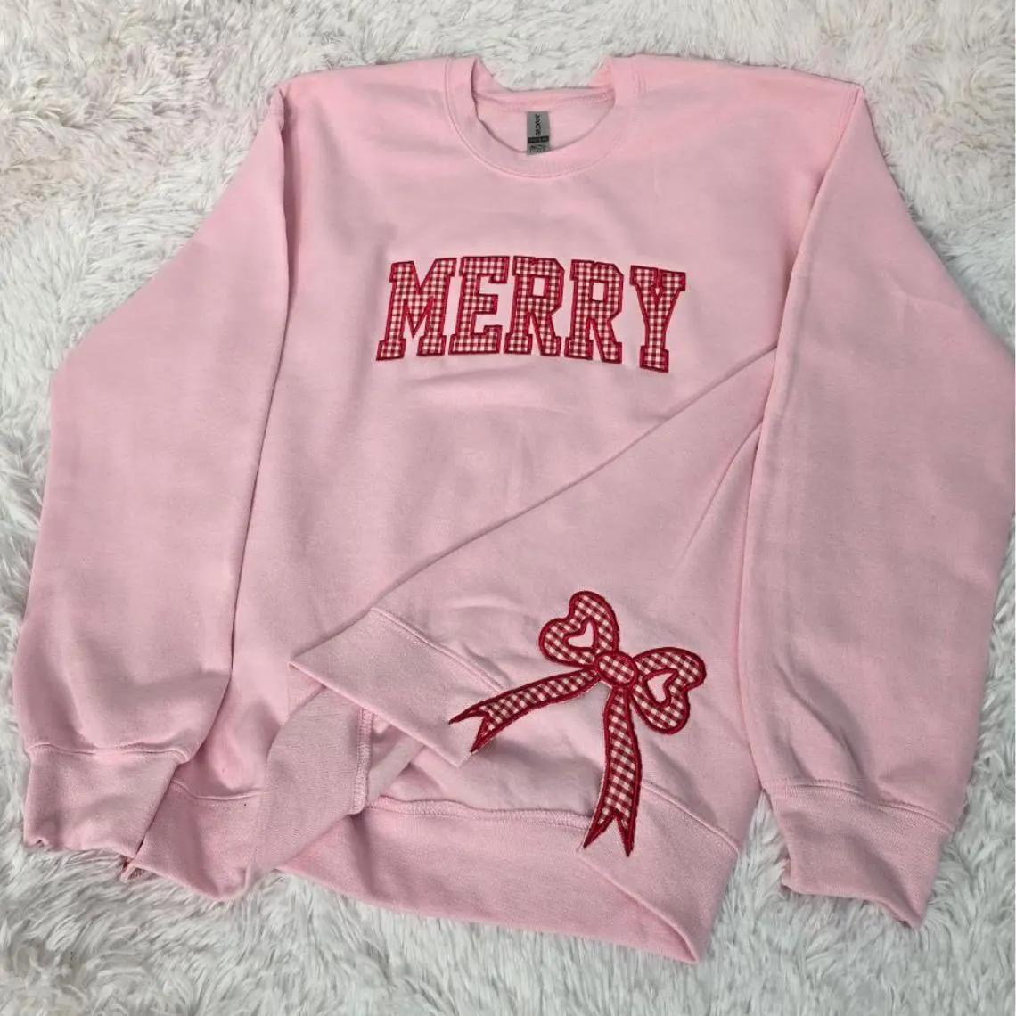Merry Plaid Side Bow Applique Sweatshirt