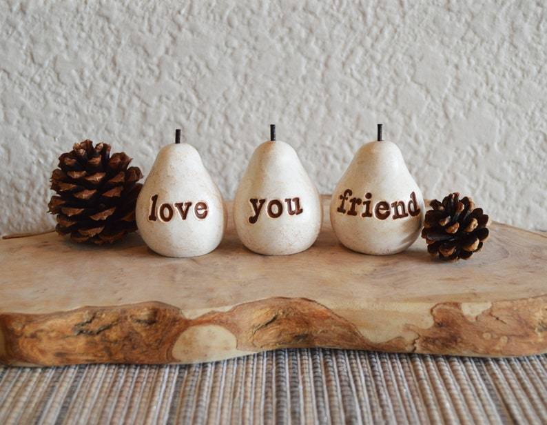 Gifts for friends / white love you friend pears / Three handcrafted embossed text decorative clay pears ... fun way to say I love you