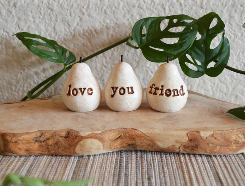 Gifts for friends / white love you friend pears / Three handcrafted embossed text decorative clay pears ... fun way to say I love you