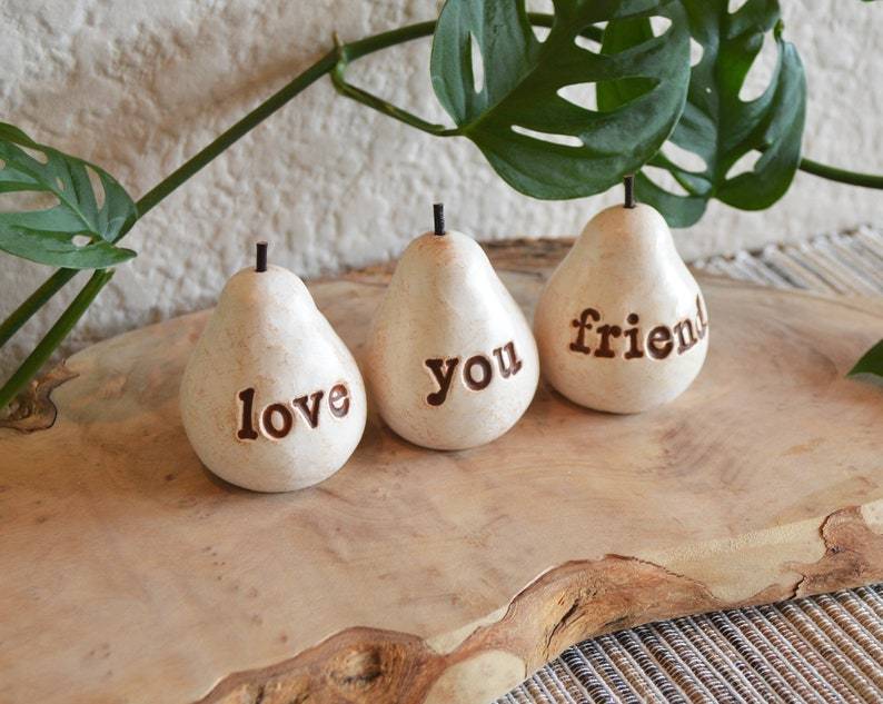 Gifts for friends / white love you friend pears / Three handcrafted embossed text decorative clay pears ... fun way to say I love you