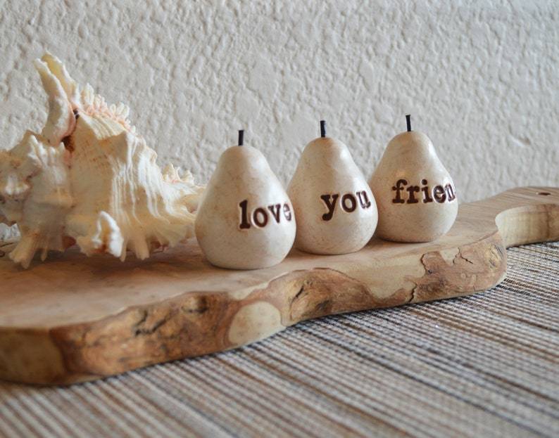 Gifts for friends / white love you friend pears / Three handcrafted embossed text decorative clay pears ... fun way to say I love you