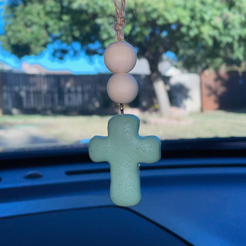 Cross Car Mirror Hangers | Christian Cross Hanging Ornament | Polymer Clay Cross Beaded Rear View Mirror Accessory | Cross Charm Gift