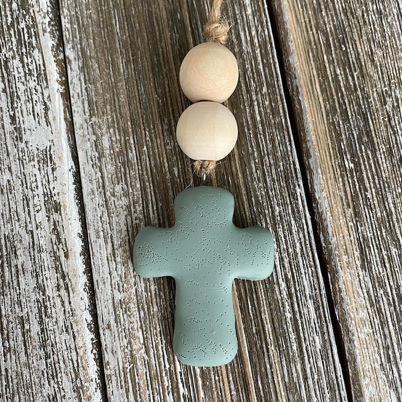 Cross Car Mirror Hangers | Christian Cross Hanging Ornament | Polymer Clay Cross Beaded Rear View Mirror Accessory | Cross Charm Gift