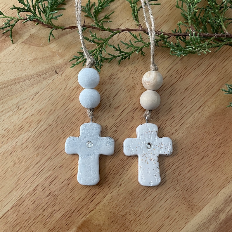 Cross Car Mirror Hangers | Christian Cross Hanging Ornament | Polymer Clay Cross Beaded Rear View Mirror Accessory | Cross Charm Gift