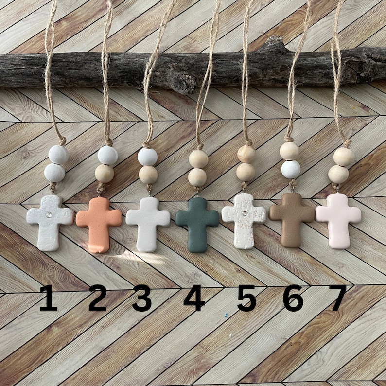 Cross Car Mirror Hangers | Christian Cross Hanging Ornament | Polymer Clay Cross Beaded Rear View Mirror Accessory | Cross Charm Gift