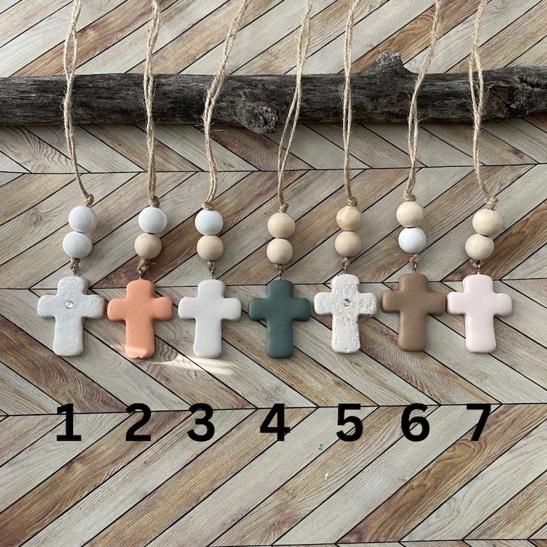 Cross Car Mirror Hangers | Christian Cross Hanging Ornament | Polymer Clay Cross Beaded Rear View Mirror Accessory | Cross Charm Gift