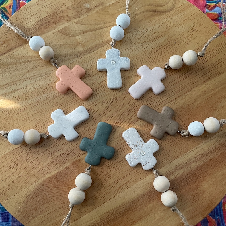 Cross Car Mirror Hangers | Christian Cross Hanging Ornament | Polymer Clay Cross Beaded Rear View Mirror Accessory | Cross Charm Gift