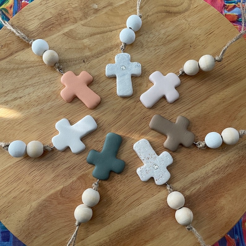 Cross Car Mirror Hangers | Christian Cross Hanging Ornament | Polymer Clay Cross Beaded Rear View Mirror Accessory | Cross Charm Gift