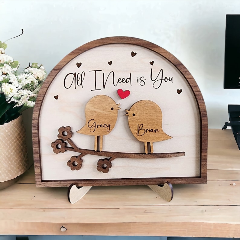Love Birds Personalized Couple Wooden Sign, Valentines Day Gift For He