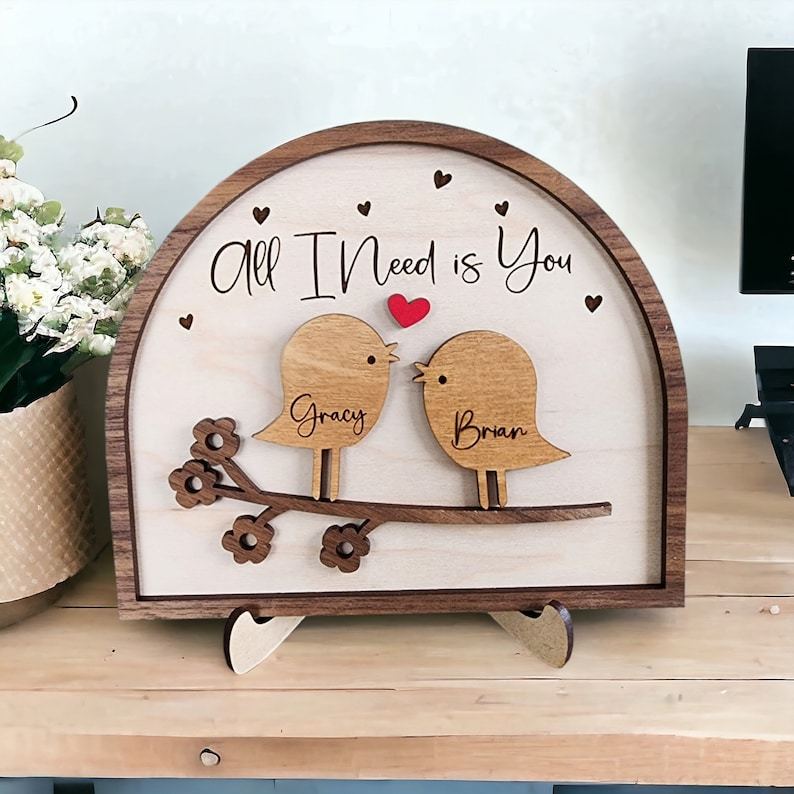 Love Birds Personalized Couple Wooden Sign, Valentines Day Gift For He