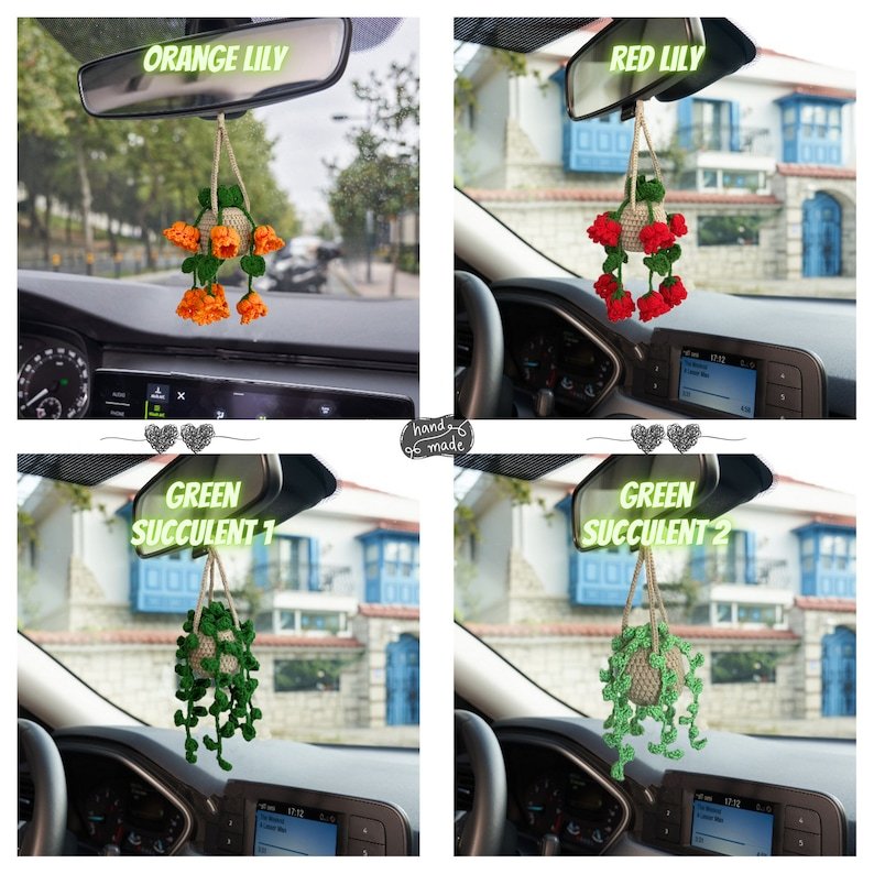 Personalized Plant Car Hanging Accessories, Cute Crochet Flower Car Ornament, Custom Gift Idea for Succulent Plant Lovers
