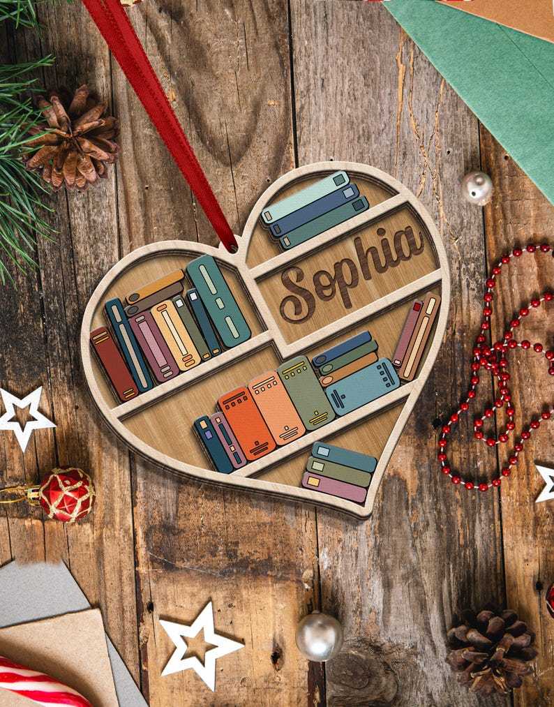 Personalized Heart Bookcase Ornament 2024, Christmas Tree Decoration, Book Lover Gift, Librarian Gift, Bookworm Gifts, Bookshelf Custom Name