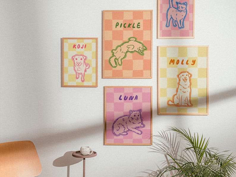 Retro Custom Pet Portrait, Colorful Digital Print, Funky Checkered Wall Art, Maximalist Illustration, Cute Line Drawing, Trendy Pet Gift
