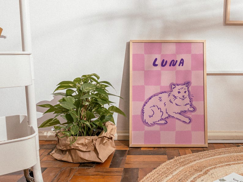 Retro Custom Pet Portrait, Colorful Digital Print, Funky Checkered Wall Art, Maximalist Illustration, Cute Line Drawing, Trendy Pet Gift
