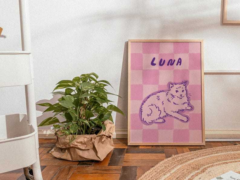 Retro Custom Pet Portrait, Colorful Digital Print, Funky Checkered Wall Art, Maximalist Illustration, Cute Line Drawing, Trendy Pet Gift