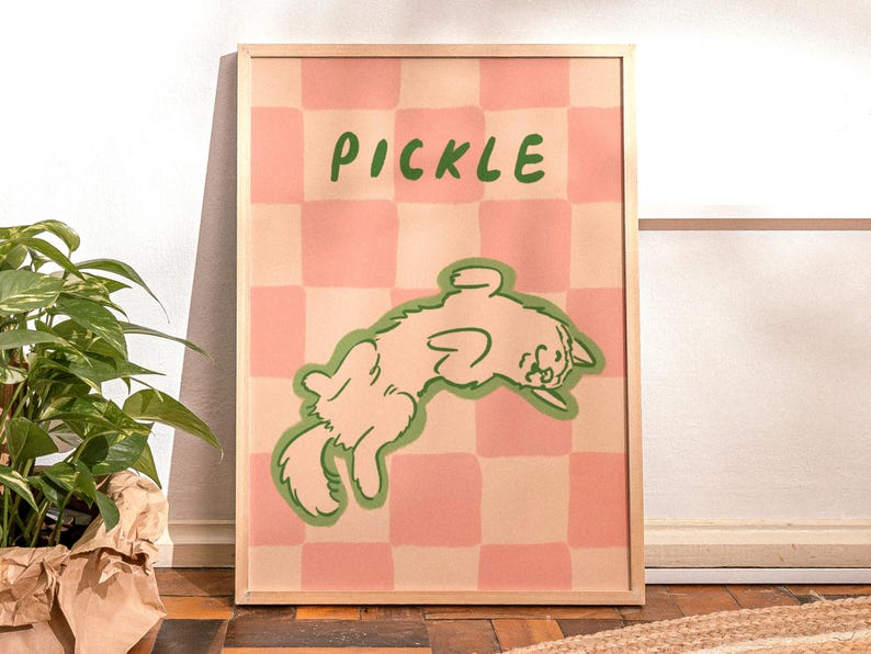 Retro Custom Pet Portrait, Colorful Digital Print, Funky Checkered Wall Art, Maximalist Illustration, Cute Line Drawing, Trendy Pet Gift