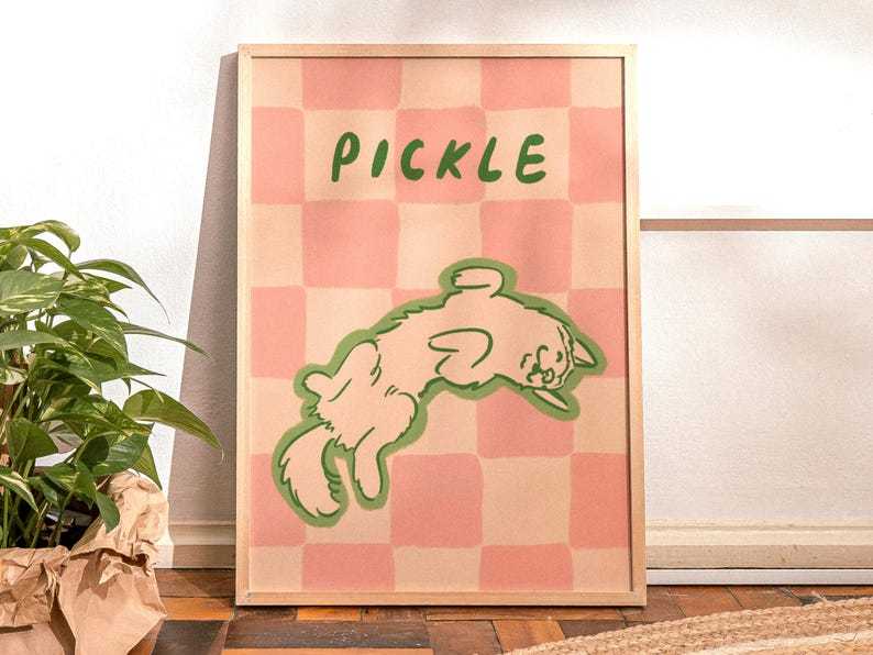 Retro Custom Pet Portrait, Colorful Digital Print, Funky Checkered Wall Art, Maximalist Illustration, Cute Line Drawing, Trendy Pet Gift