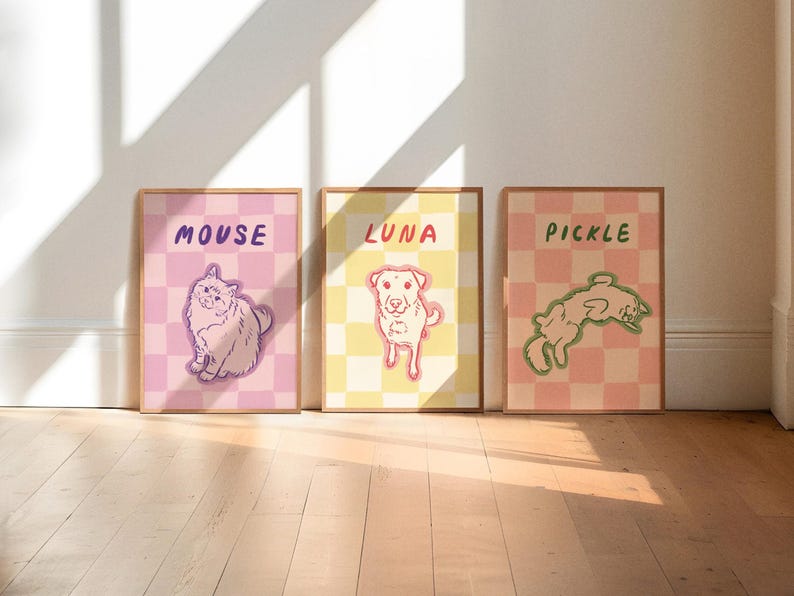 Retro Custom Pet Portrait, Colorful Digital Print, Funky Checkered Wall Art, Maximalist Illustration, Cute Line Drawing, Trendy Pet Gift