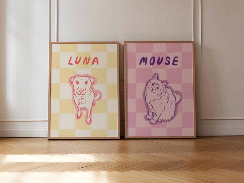 Retro Custom Pet Portrait, Colorful Digital Print, Funky Checkered Wall Art, Maximalist Illustration, Cute Line Drawing, Trendy Pet Gift