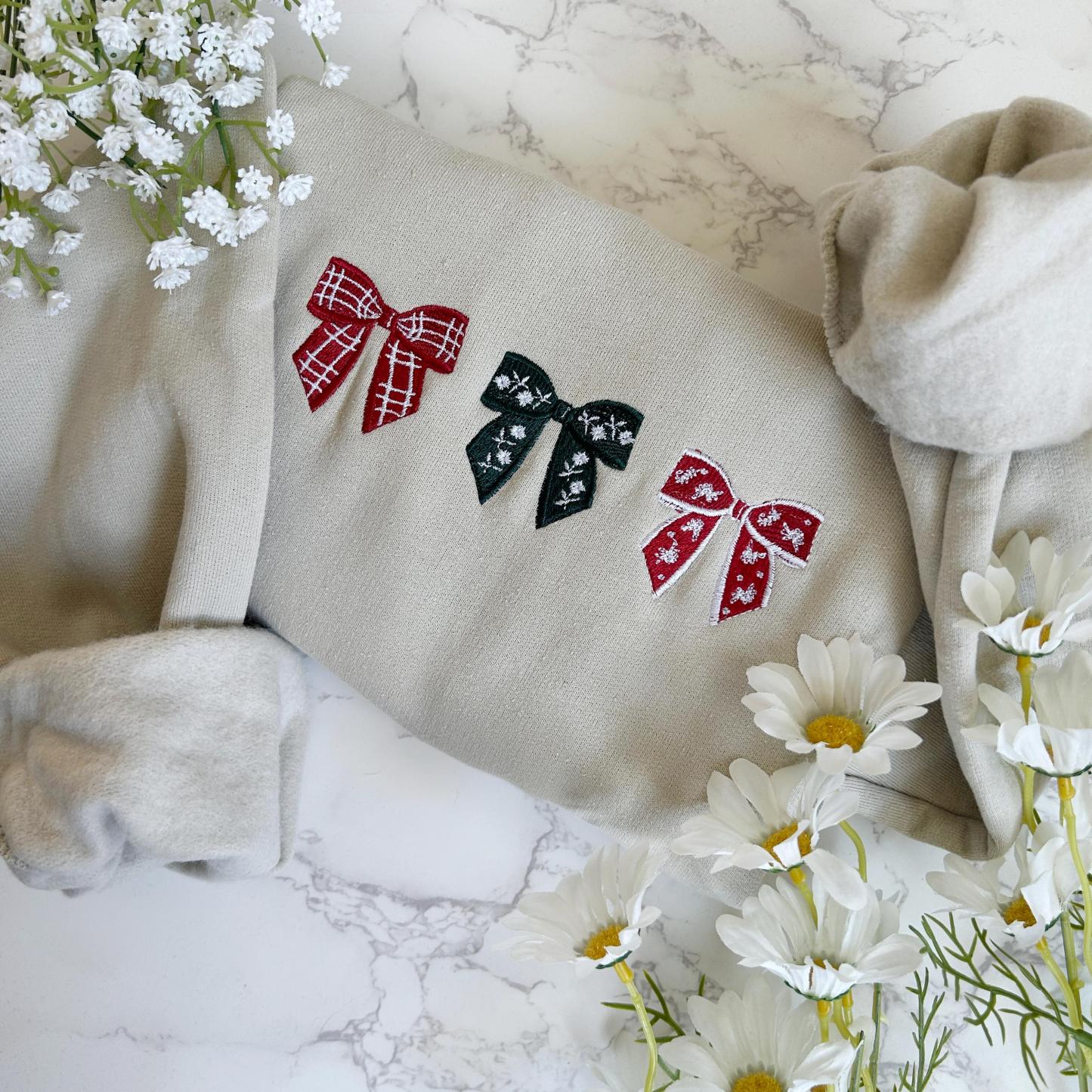 Embroidered Christmas Bow Sweatshirt, Embroidered Christmas Crewneck Sweatshirt