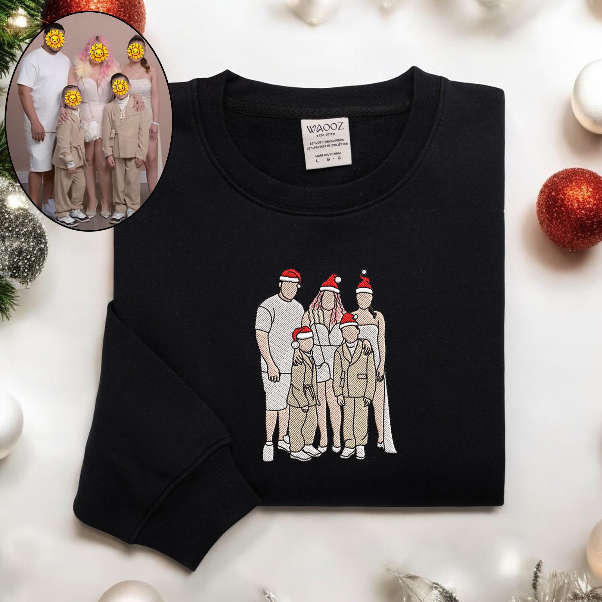Embroidered Christmas Custom Portrait Sweatshirt Custom Portrait From Photo Crewneck Family Christmas Sweater