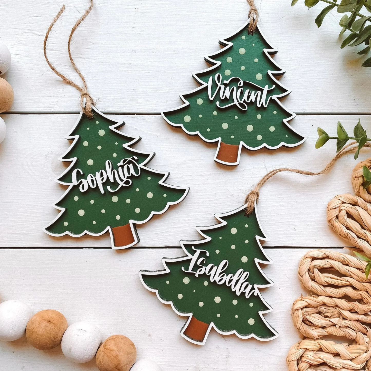 Custom Wood Name Tags - Painted Christmas Tree Ornaments