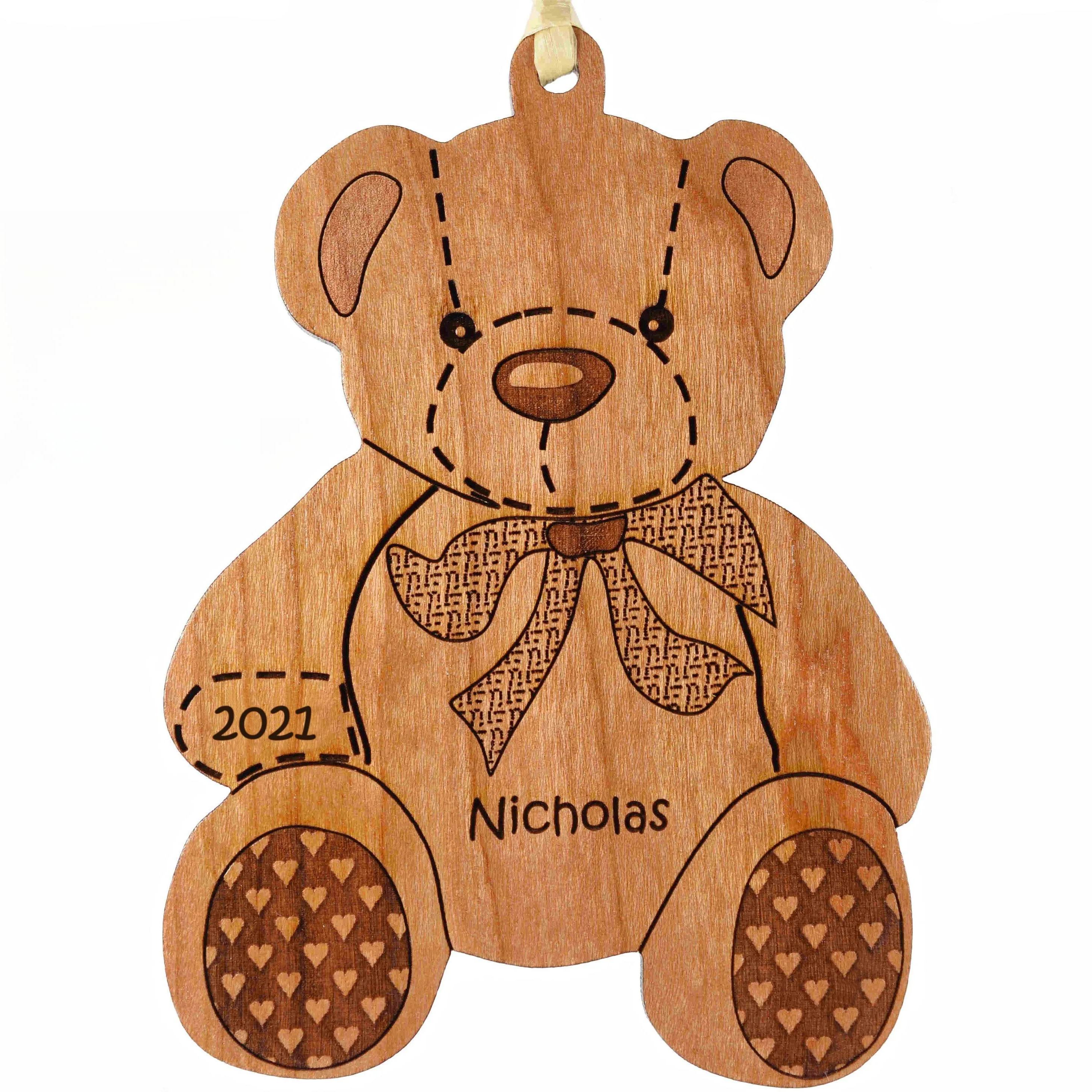 Christmas Tree Ornament - Wooden Teddy Bear Ornament - Solid Wood - Personalized